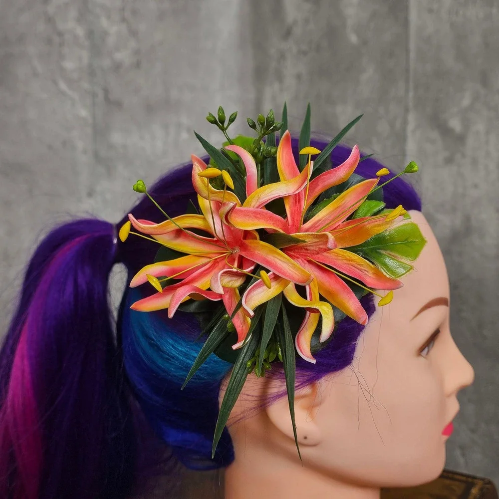 Red Yellow Tropical Lily Hair Flower Clip Rockabilly‎ Tiki Pinup VLV Burlesque
